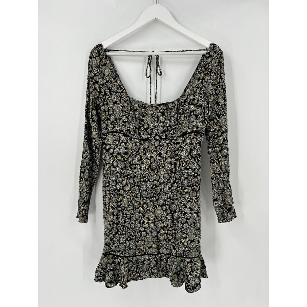 Free People Boheme Mini Dress Womens 12 Black Floral Print Long Sleeves Tie Back